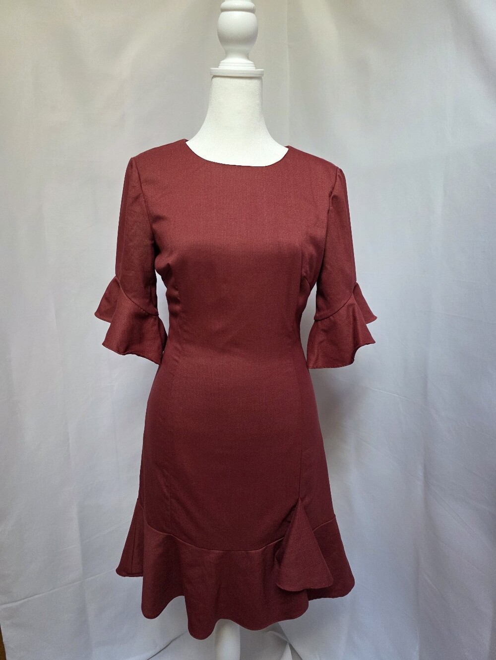 Gianni Bini XS Rust Burgundy Ruffle Sleeve Fit & Flare Dress Flounce Hem